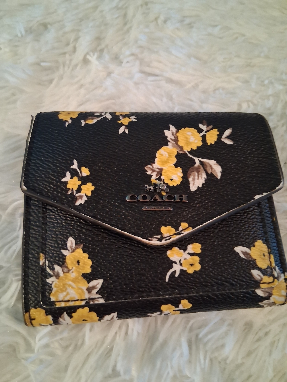 Coach Black Floral Yellow Compact Wallet